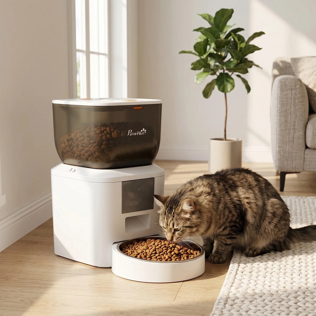 Dispensador Automático de Ração para Gatos 4 L App de Controlo com Gravador 10 s, Taça, Branco