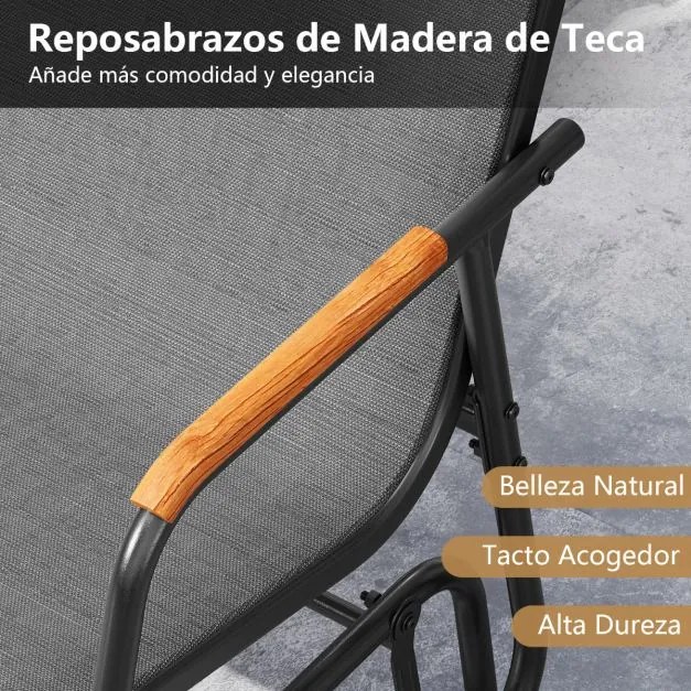 Banco baloiço deslizante para jardim Assento para 2 pessoas com braços curvos em teca Assento respirável Estrutura em metal