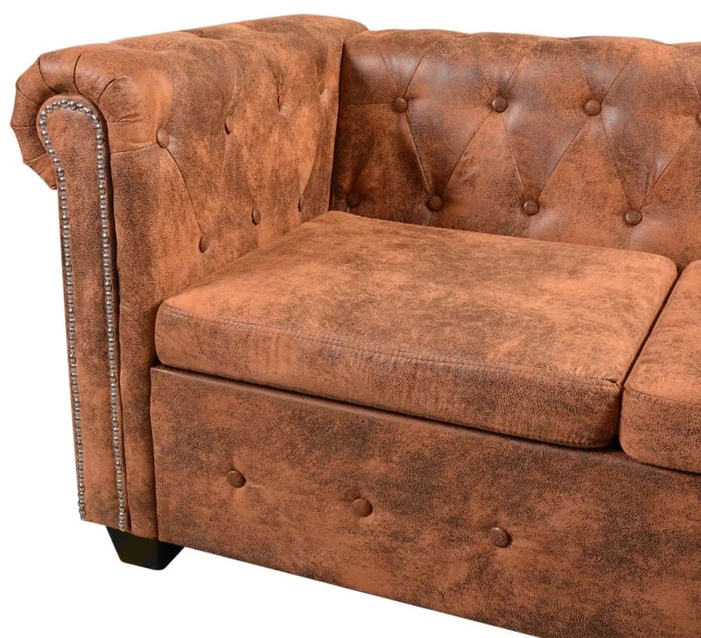 Sofá de canto Chesterfield 5 lugares couro artificial castanho
