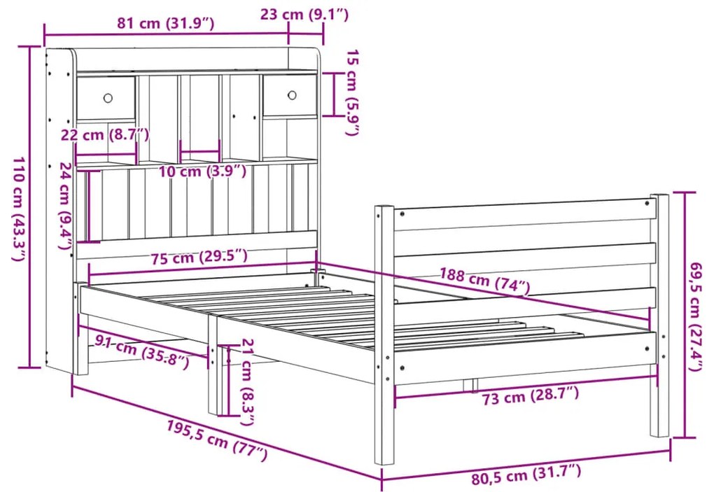 Cama com estante sem colchão 75x190 cm pinho maciço branco