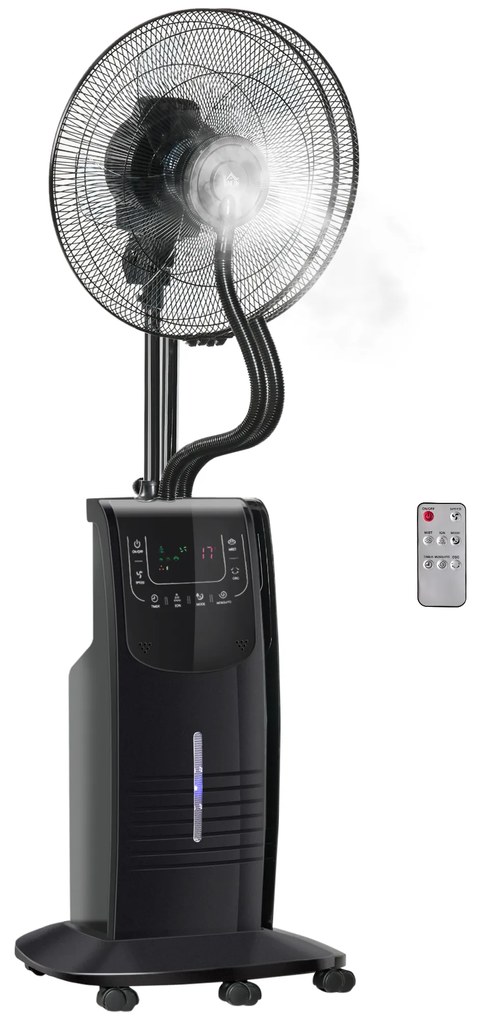 HOMCOM Ventoinha Nebulizadora 90W com Oscilação Controlo Remoto 5 Lâminas Depósito de Água 3,1L 3 Velocidades Temporizador e Rodas 44,5x44,5x135 cm Preto
