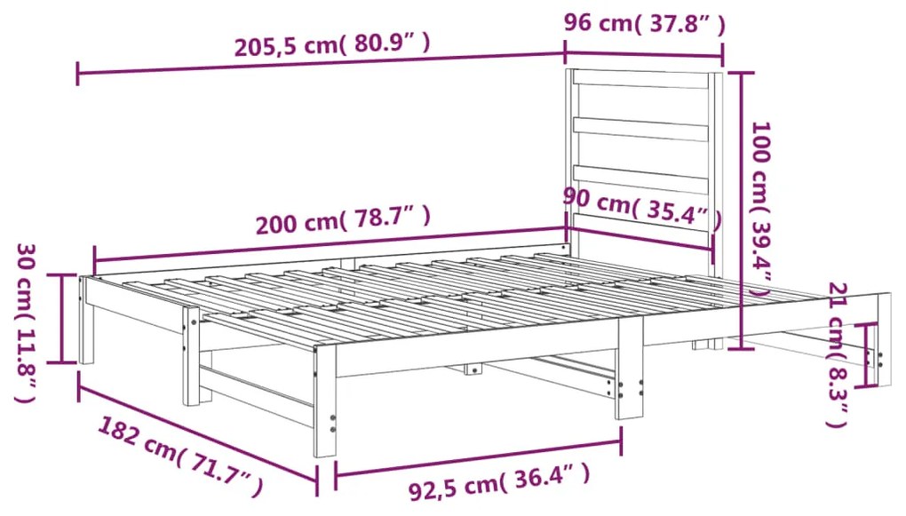 Estrutura sofá-cama de puxar 2x(90x200) cm pinho castanho-mel