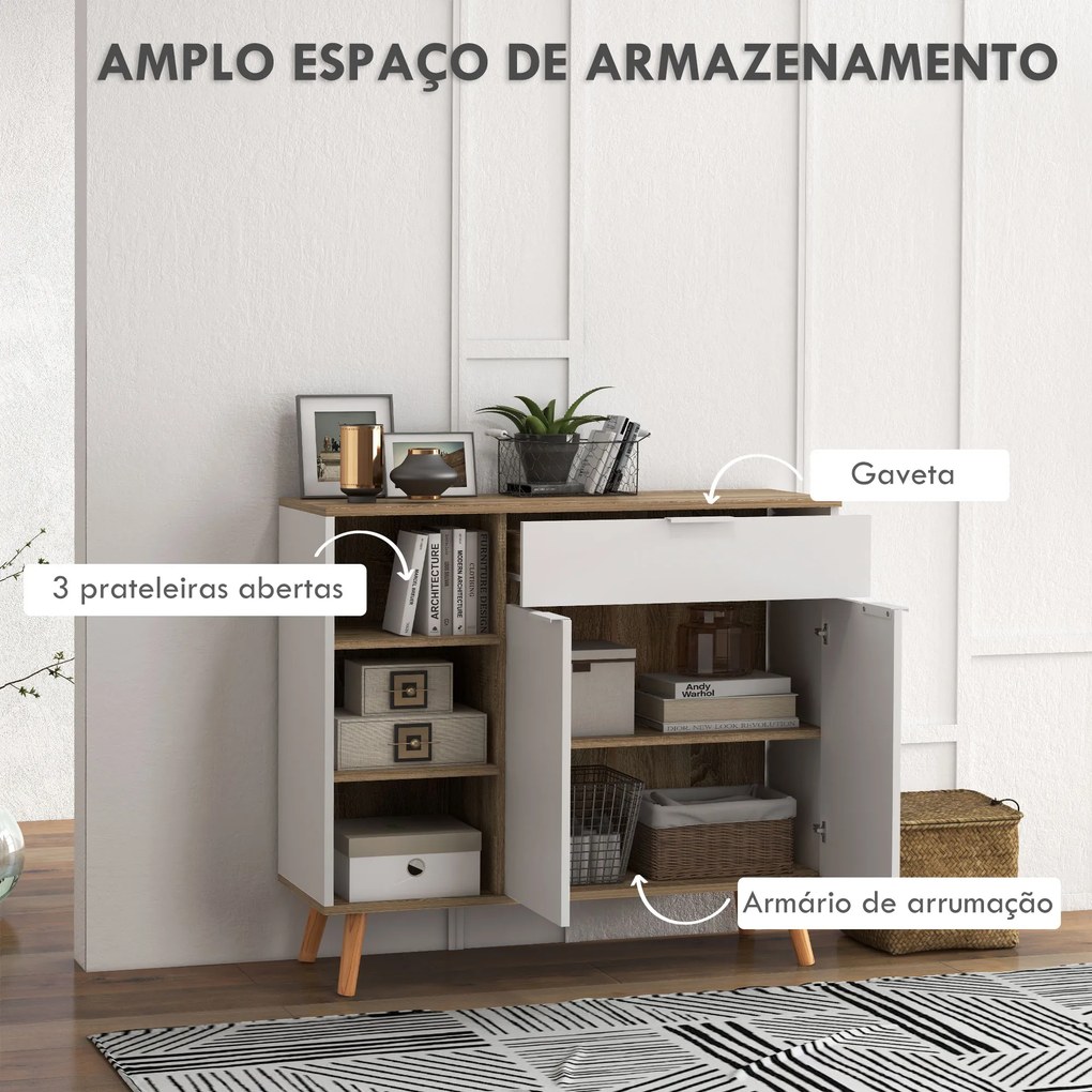 Aparador Sala de Estar com 1 Gaveta 2 Portas de Fechamento Suave e Prateleiras Ajustáveis 95x35x85 cm Branco e Madeira