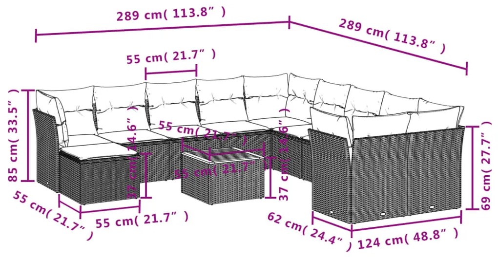 12 pcs conjunto de sofás p/ jardim com almofadões vime PE bege