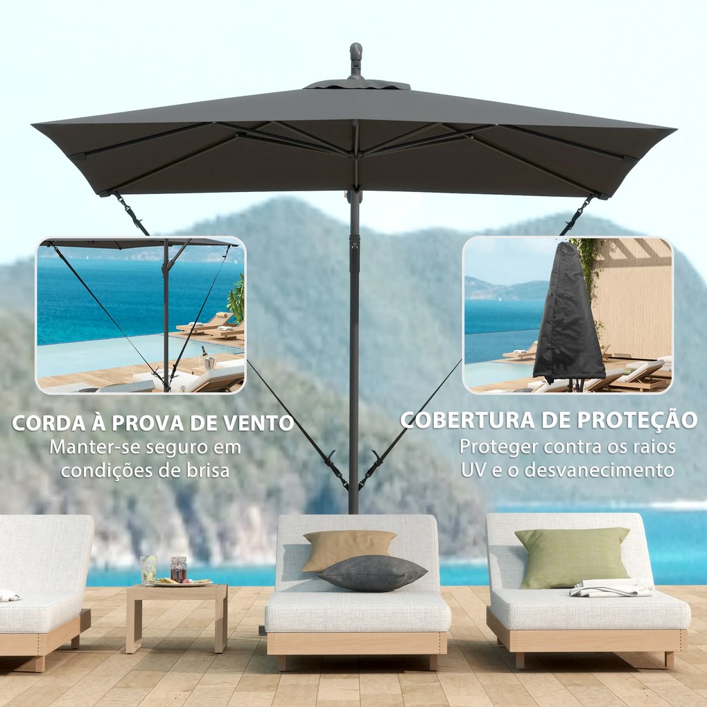 Chapéu de Sol Excêntrico 247x247 cm com Base Cruzada Capa Ajustável Manivela Capa Protectora e Corda de Vento Cinza Escuro