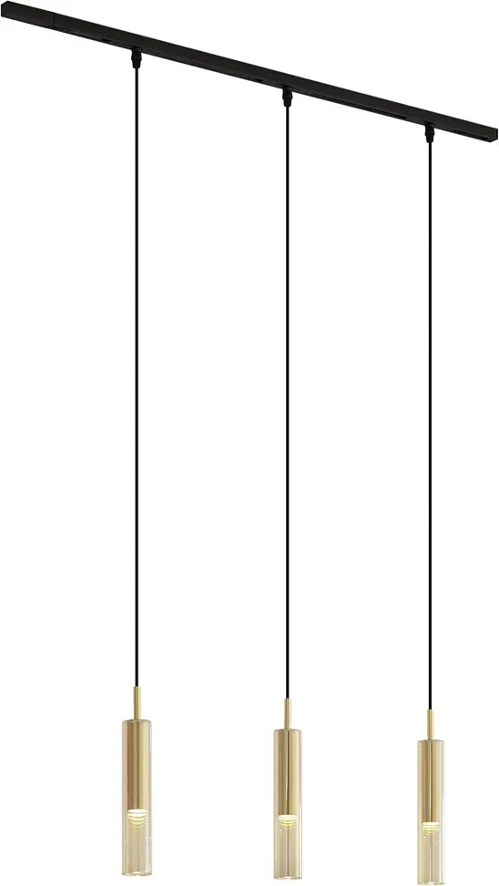 Sistema de calhas moderno preto com 3 candeeiros suspensos dourados com vidro âmbar monofásico - Slimline Loyce