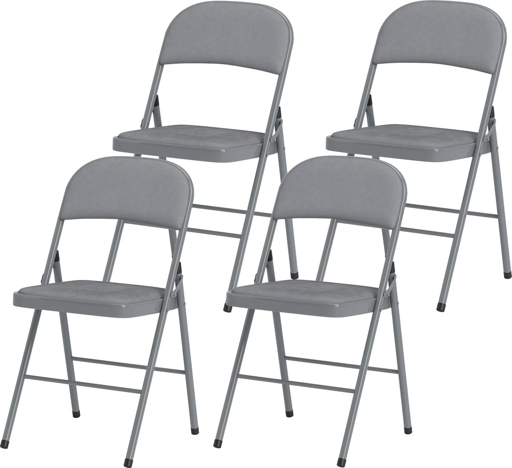 Conjunto de 4 cadeiras dobráveis e portáteis para interior (MESA NÃO INCLUIDA), com assentos e encostos estofados em veludo, estrutura em aço, cinzent