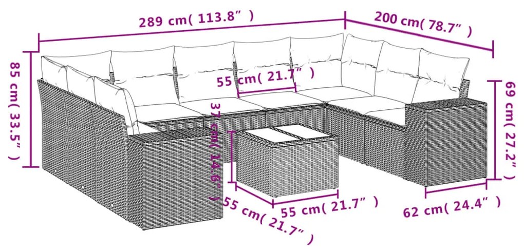 10 pcs conj. sofás jardim com almofadões vime PE cinzento-claro