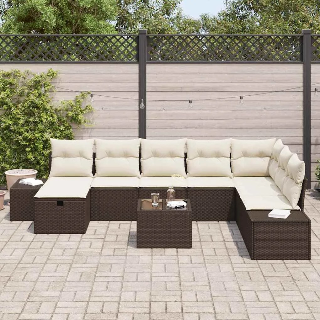 Conjunto de Sofás de Jardim de 9 peças com Almofadas Castanho Rattan P