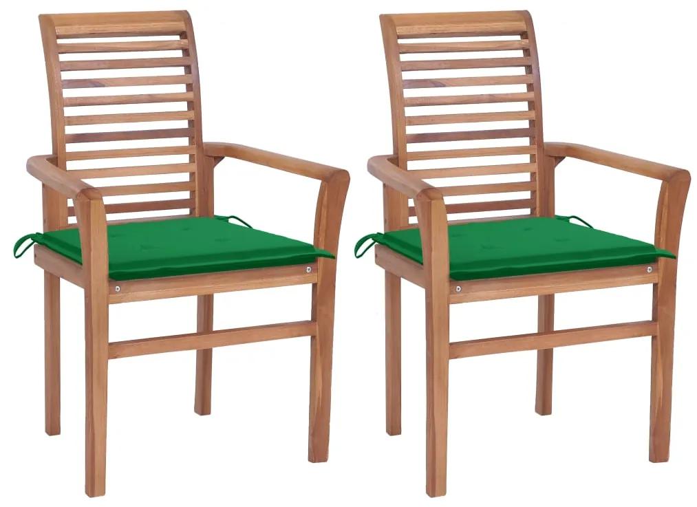 Cadeiras de jantar c/ almofadões verdes 2 pcs teca maciça