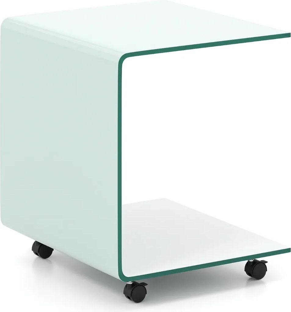 Mesa auxiliar em forma de C em vidro temperado 39,5 x 45 x 48 com prateleira de 2 níveis 4 rodas giratórias bloqueáveis Branco