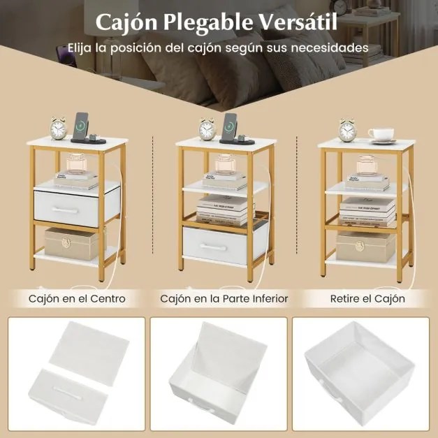 Conjunto de 2 mesas de cabeceira, mesas apoio 40 x 30 x 61 cm com estação de carregamento, Estrutura metálica moderna dourado e branco