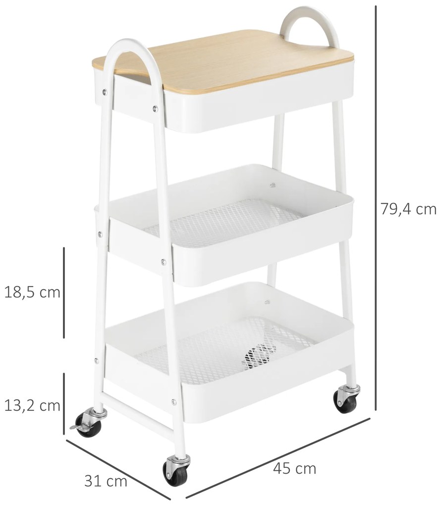 Carrinho Auxiliar com Rodas de 3 Níveis Carrinho de Cozinha com 3 Cestas de Aço e 1 Bancada de Madeira 45x31x79,4 cm Branco