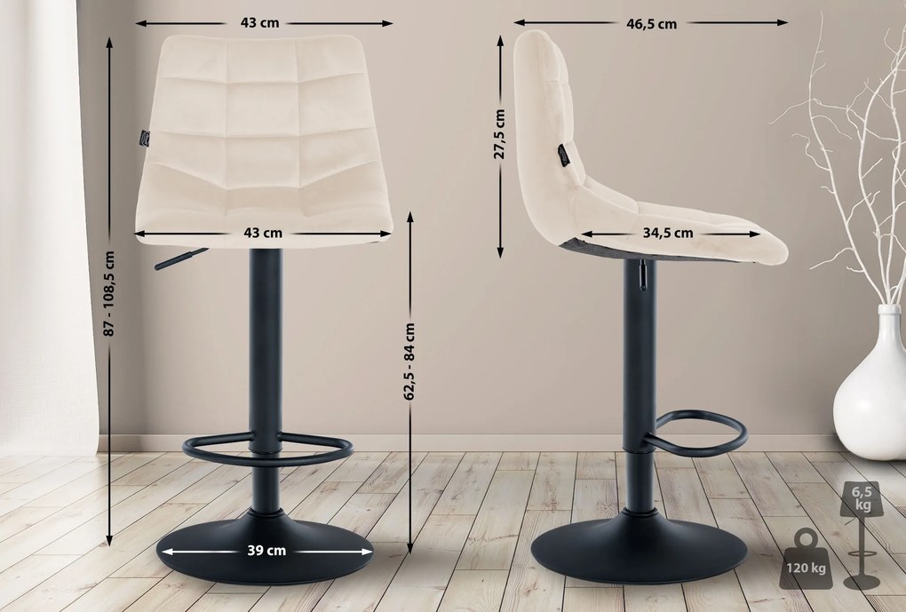 Conjunto de 2 bancos de bar Jerry em veludo com estrutura preta 87-108,5 x 43 x 46,5 cm Creme