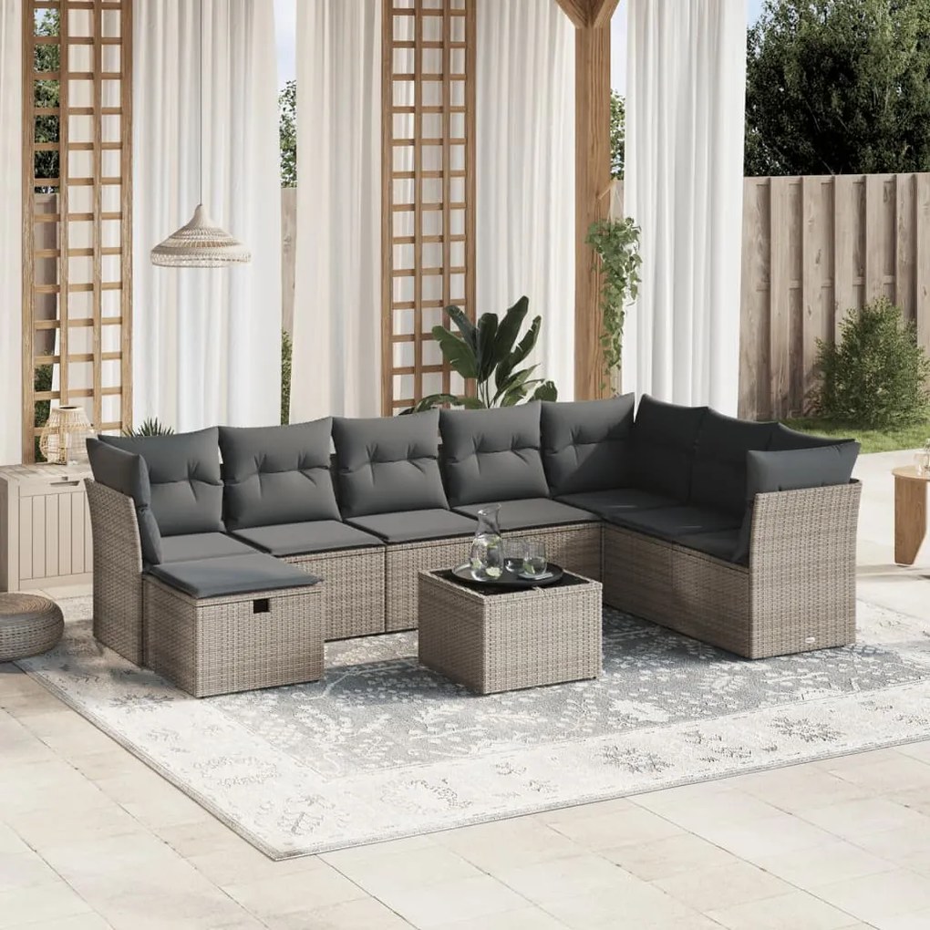 9 pcs conjunto sofás p/ jardim com almofadões vime PE cinzento