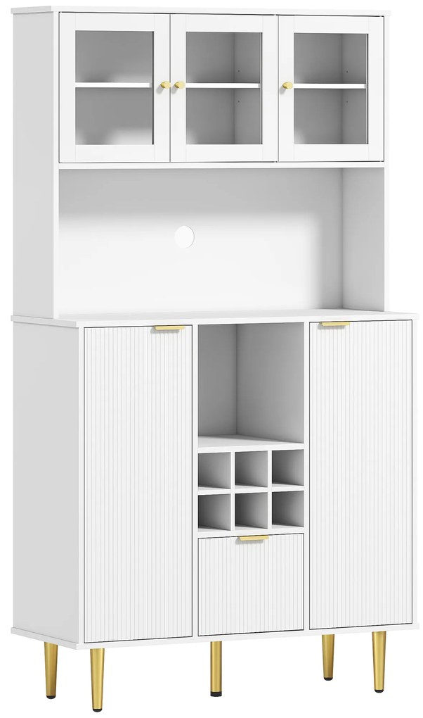 Armário de Cozinha Móvel Auxiliar de Cozinha Armário Alto com 3 Portas de Vidro Suporte para Garrafas 100x40x180 cm Branco