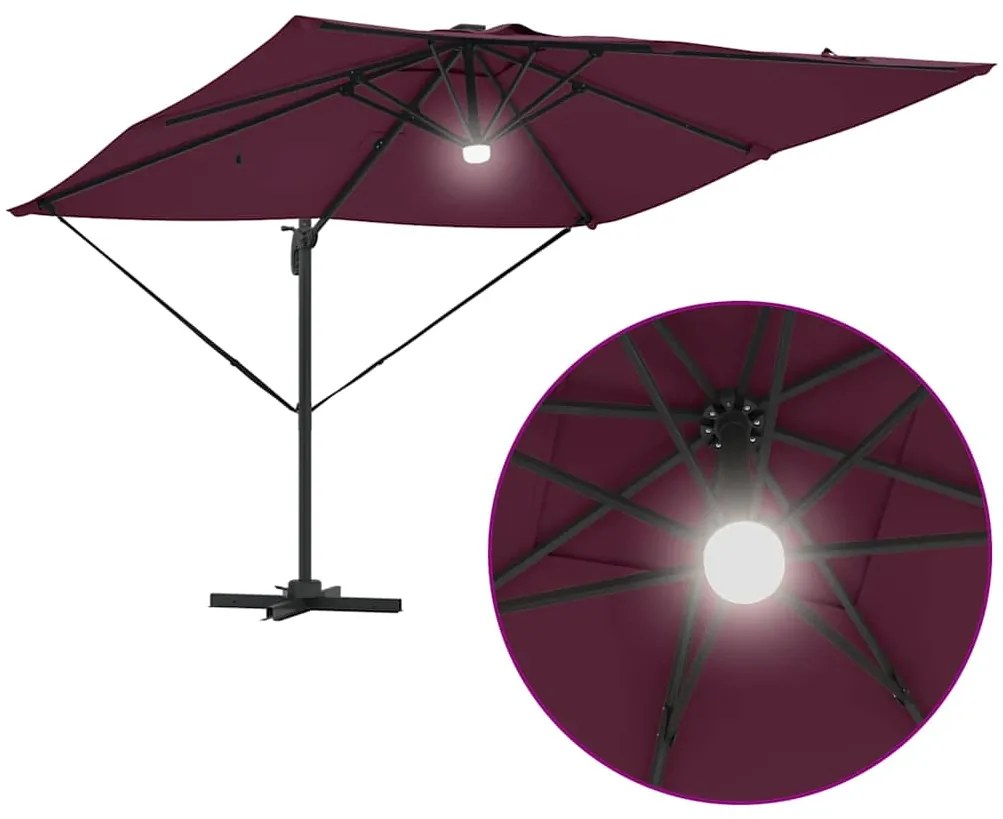 Parasol Cantilever Roma com LEDs Vermelho Bordeaux 286x285x270 cm em A