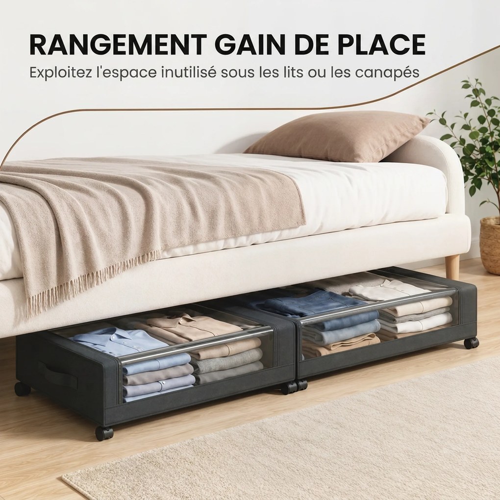 Conjunto de 2 Caixas de Arrumação Debaixo da Cama com Rodas, 78 x 44 x 16 cm, Capacidade de 40 L, Preto