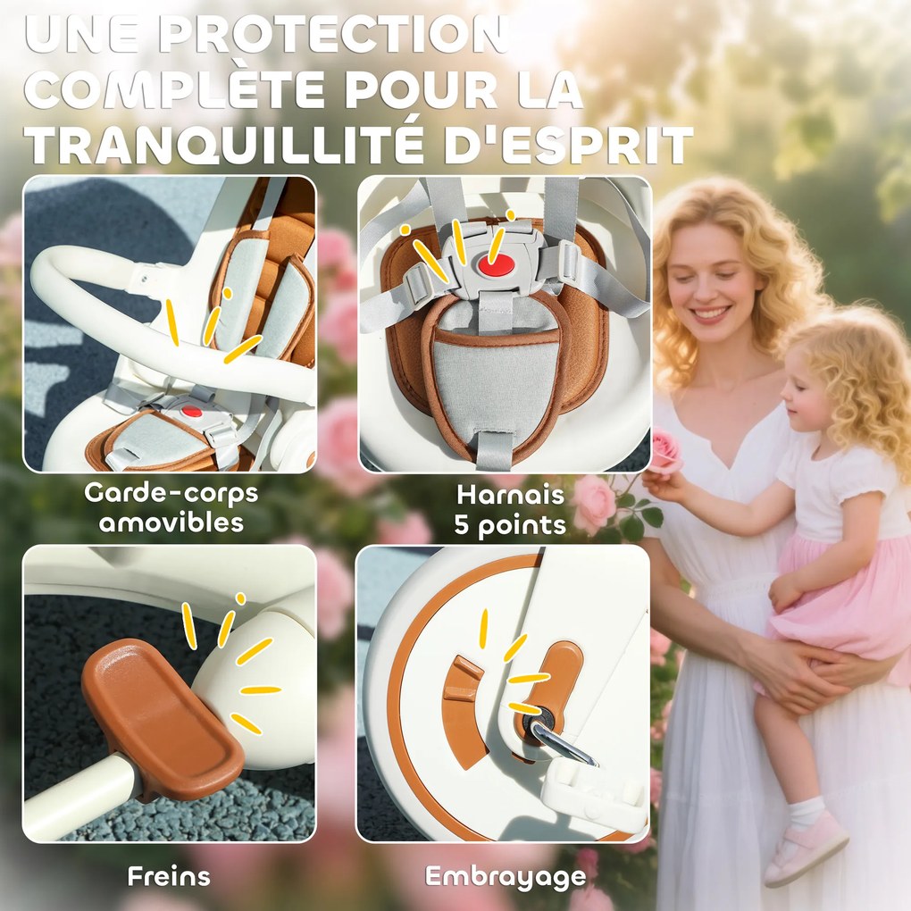 Triciclo evolutivo 5 em 1 para bebés, triciclo dobrável para crianças com pega ajustável e capota removível, para idades entre 1 e 3 anos, cor creme