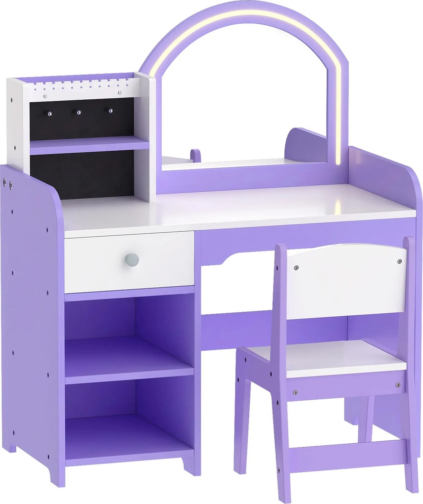 Penteadeira de Maquilhagem para Menina com Espelho LED de 2 Cores, Banco, Suportes para Joias, Gaveta e Compartimentos, Roxo