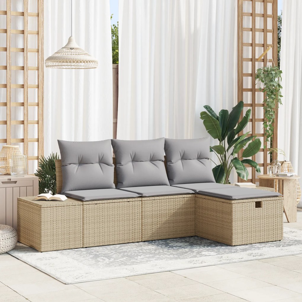 Conjunto de Sofá de Jardim de 4 Peças com Almofadas Bege Rattan Poliés