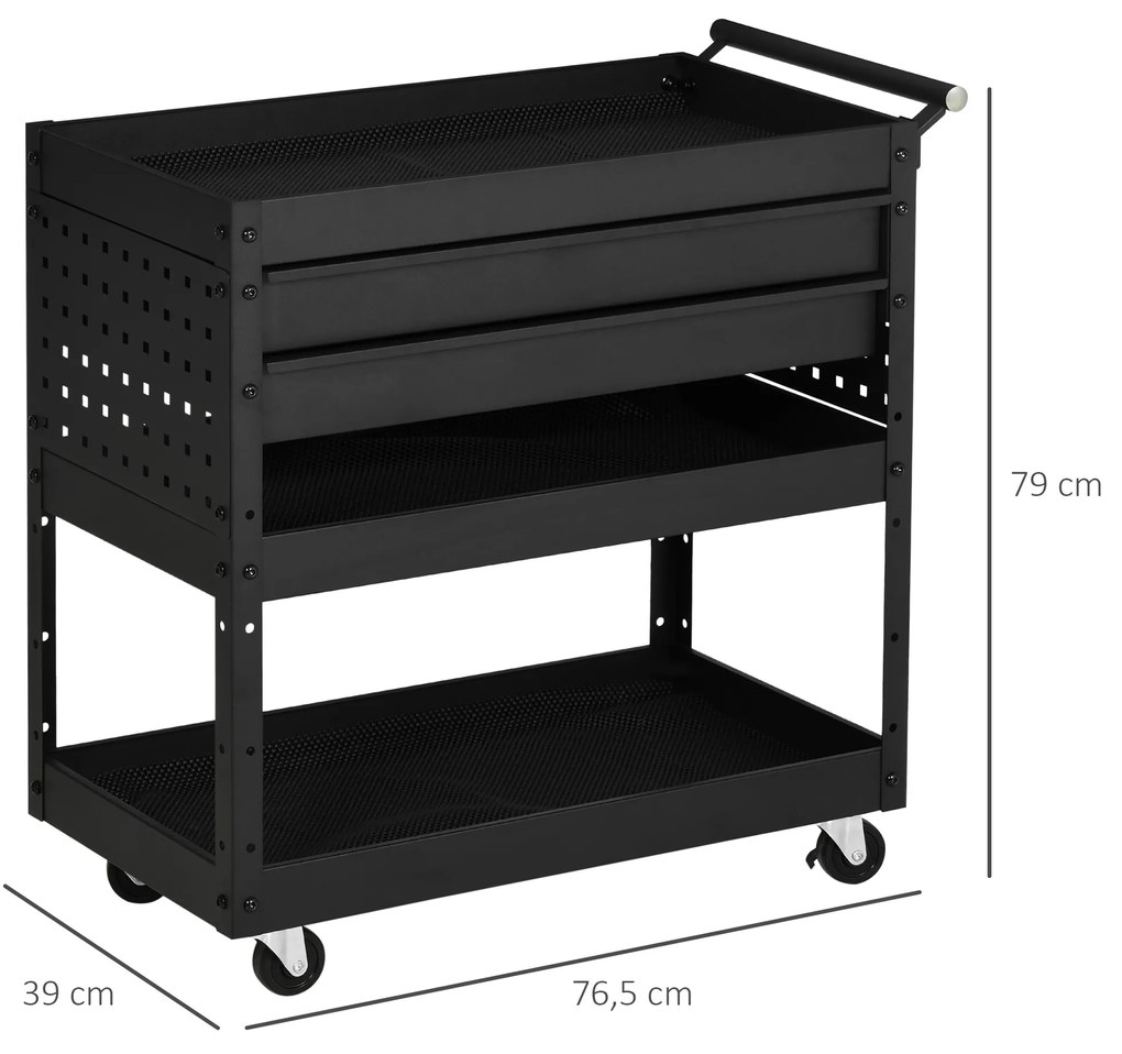 Carro de Ferramentas para Oficina com Rodas Carga 70kg Carro de Ferramentas com 2 Gavetas e 3 Prateleiras de Armazenamento para Garagem Oficina Mecâni