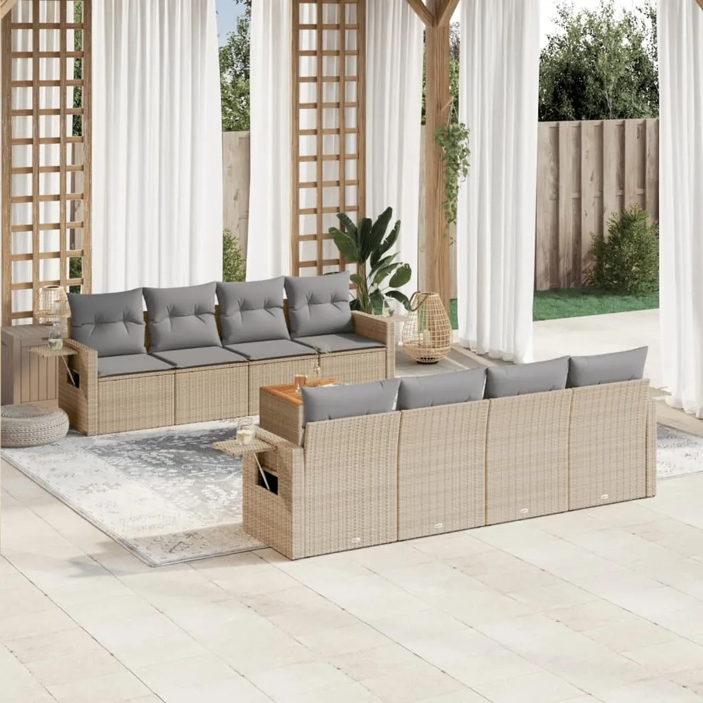 vidaXL 9 pcs conj. sofás jardim c/ almofadões vime PE bege misturado