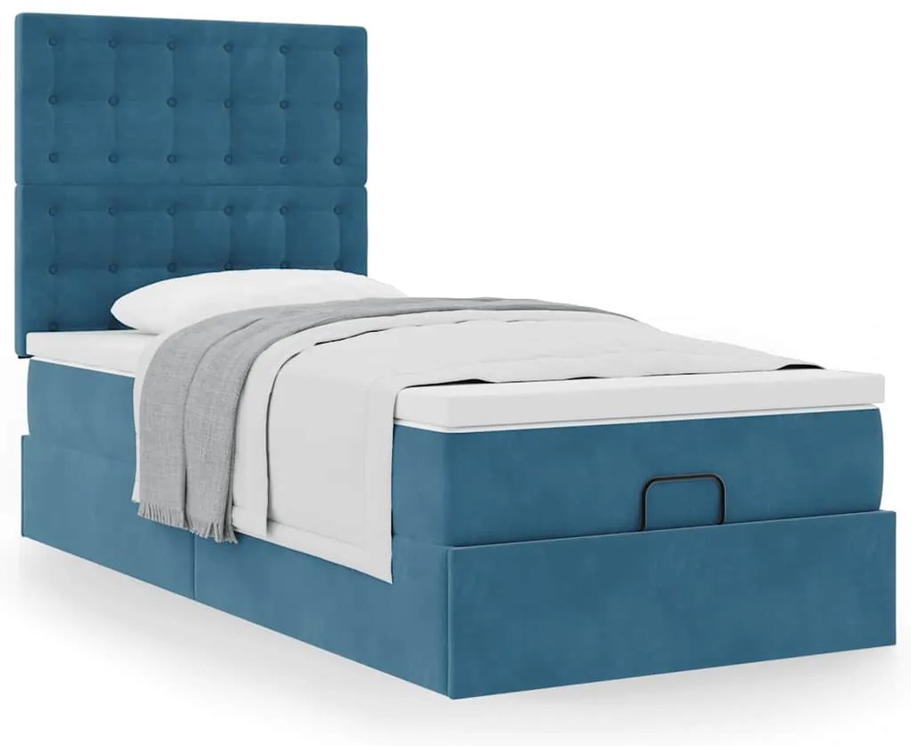 Estrutura cama otomana com colchões azul escuro 90x190cm veludo