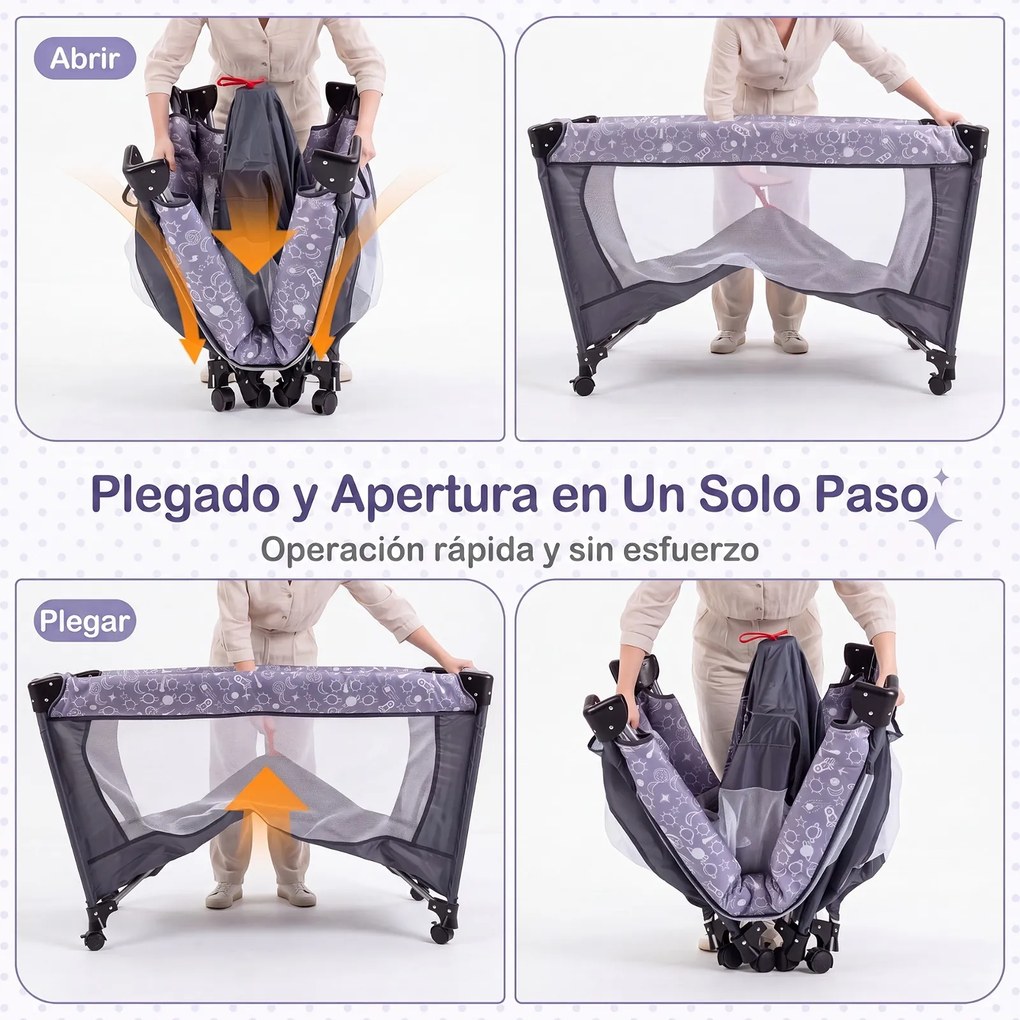 Cama de Viagem Dobrável para Bebé com Trocador, 126 x 65 x 77 cm, 4 Funções, Cinzento-escuro