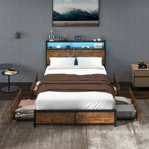 Estrutura de cama de casal 140 x 200 cm Metal Estrutura de cama de casal Luz LED RGB Cabeceira 4 gavetas de arrumação Ligação USB Plataforma de cama