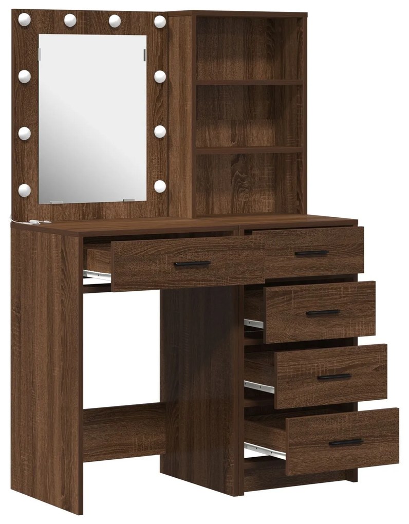 Conjunto de Mesa de Maquilhagem de 2 Peças com LED em Madeira de Carva