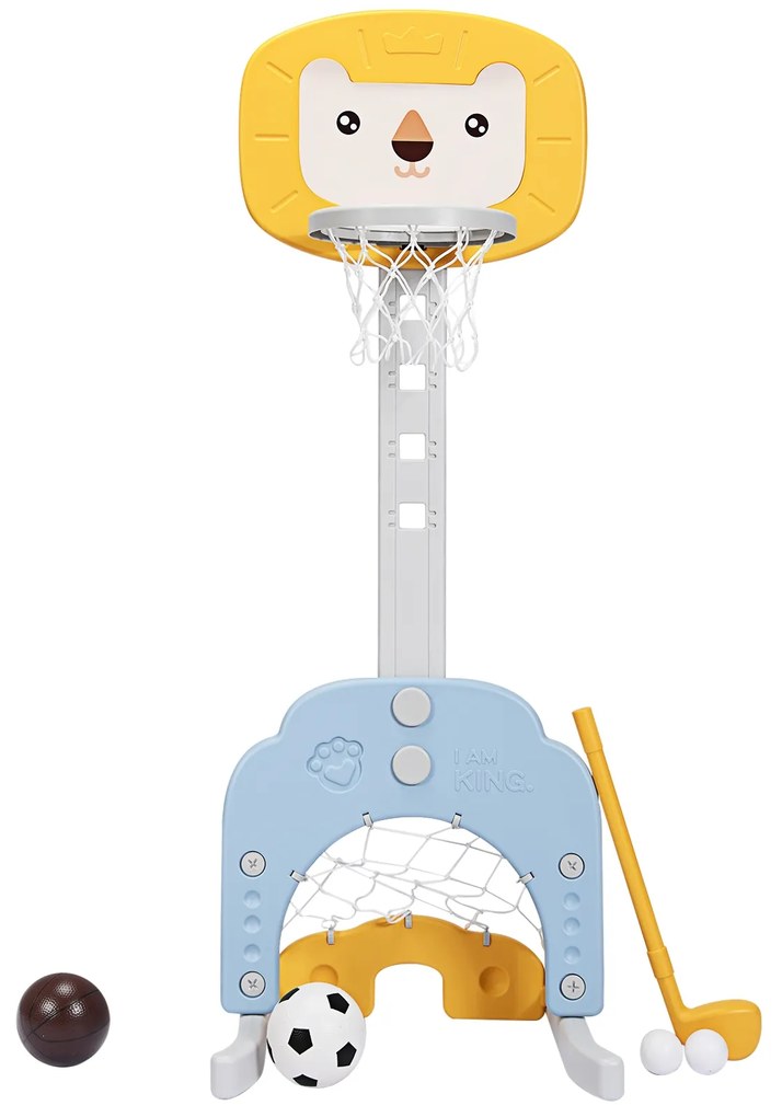 Cesto de basquetebol 3 em 1 com conjunto de golfe Altura ajustável Cesto de basquetebol para crianças leve e estável  54 x 51 x 110-149 cm Amarelo