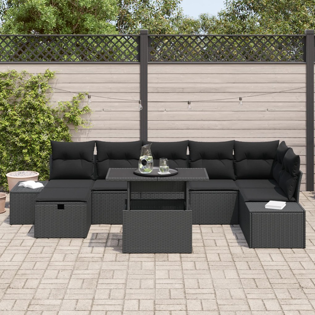 Conjunto de Sofá de Jardim com Almofadas Preto Vime Poliratan