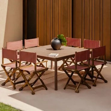 Conjunto De Mesa Quadrada De 150x150 Cm Em Madeira De Acácia Aderyn E 8 Cadeiras Dobráveis De Diretor De Jardim Ridley Em Madeir Telha Vermelha -