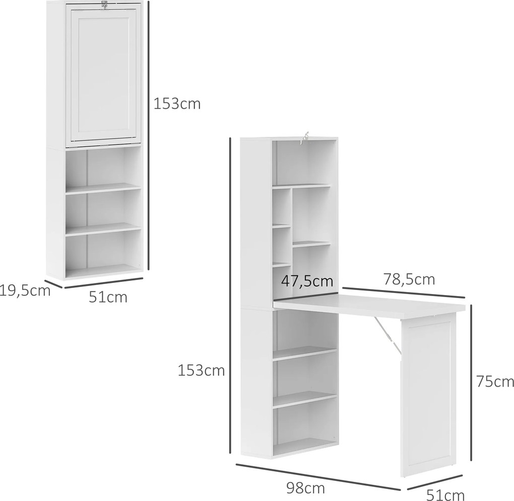 Secretária dobrável para computador com estante, posto de trabalho, quadro branco e prateleira ajustável, 98x51x153 cm, branca