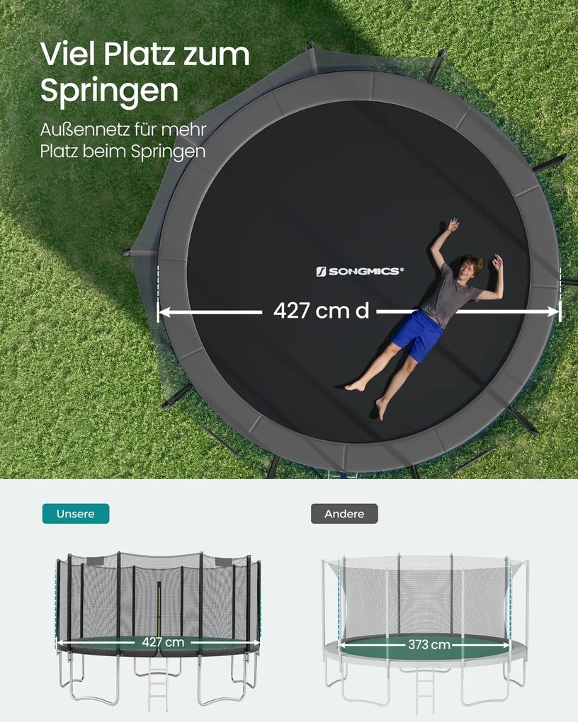 Trampolim de 427 cm com rede de segurança e varas retas, preto