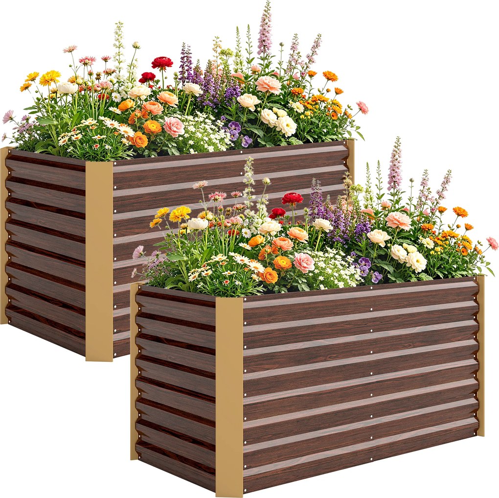 Conjunto de 2 floreiras elevadas quadradas para hortas 120 x 60 x 60 cm, com estrutura em aço galvanizado e fundo aberto, com efeito de madeira castan