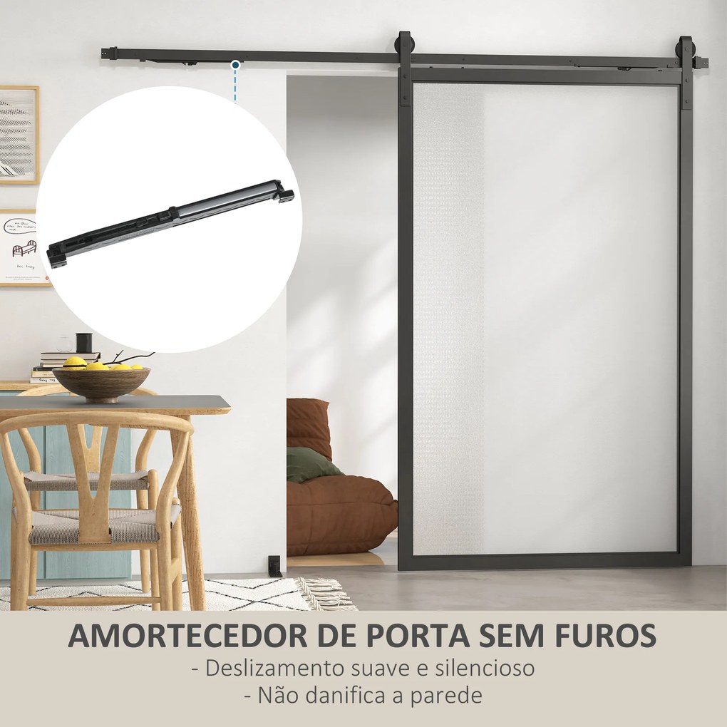 Kit de Ferragens para Porta Deslizante de Celeiro com Amortecedor Sem Perfuração e 2 Trilhos 244cm Preto