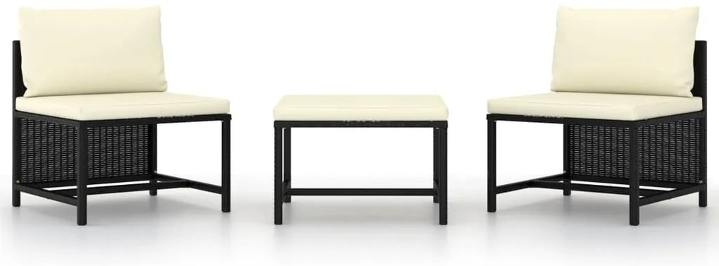 3 pcs conjunto sofás de jardim com almofadões vime PE preto