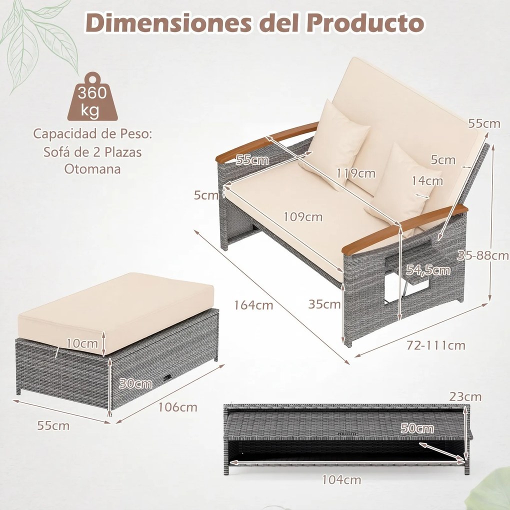 Conjunto de Sofá-Cama de Jardim, Otomana de Arrumação e 2 Mesas Laterais, 164 x 72-111 x 54,5-88 cm, Encosto Regulável em 4 Níveis, Cinzento e Bege