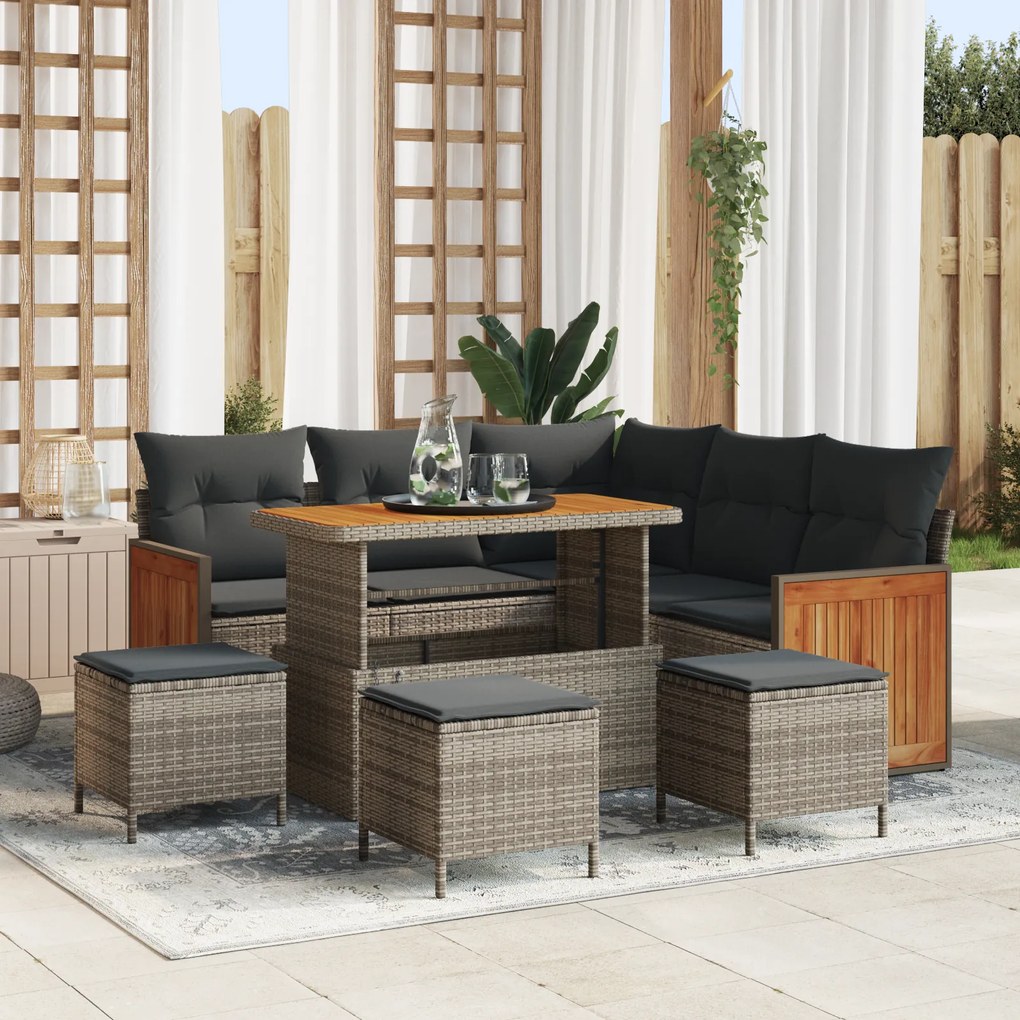 Conjunto de Sofás de Jardim vidaXL de 9 Peças com Almofadas Vime Sintético Acácia Cinza