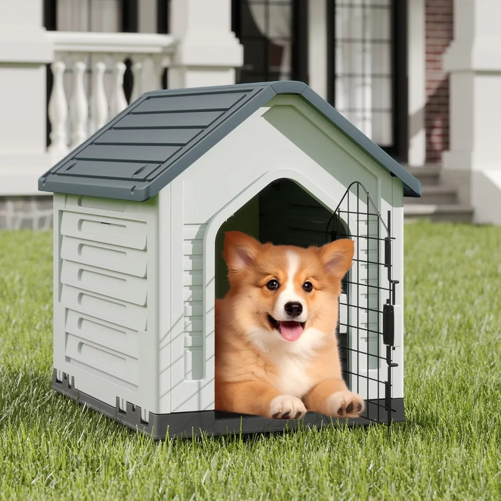 Casota para cães 66,5 x 52 x 60 cm com porta metálica com fechadura e telhado inclinado Boa ventilação para interior e exterior cinzento