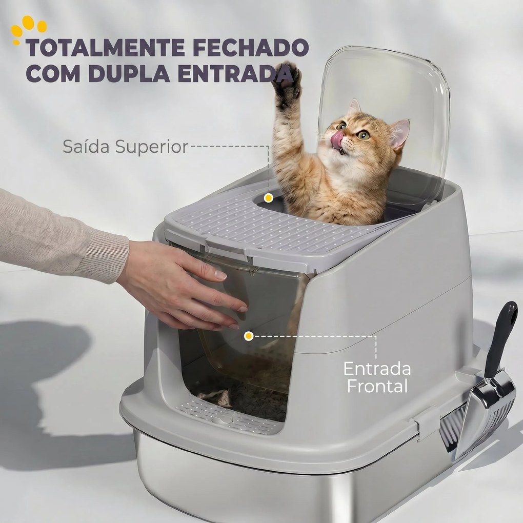 Caixa de Areia para Gatos em Aço Inoxidável L com Tampa Removível e Pá Inox, Cinzento Claro