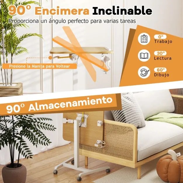 Secretária dobrável com tampo inclinável 90° Altura ajustável com rodas universais Gancho e porta-copos 60 x 48 x 76-111 cm Natural