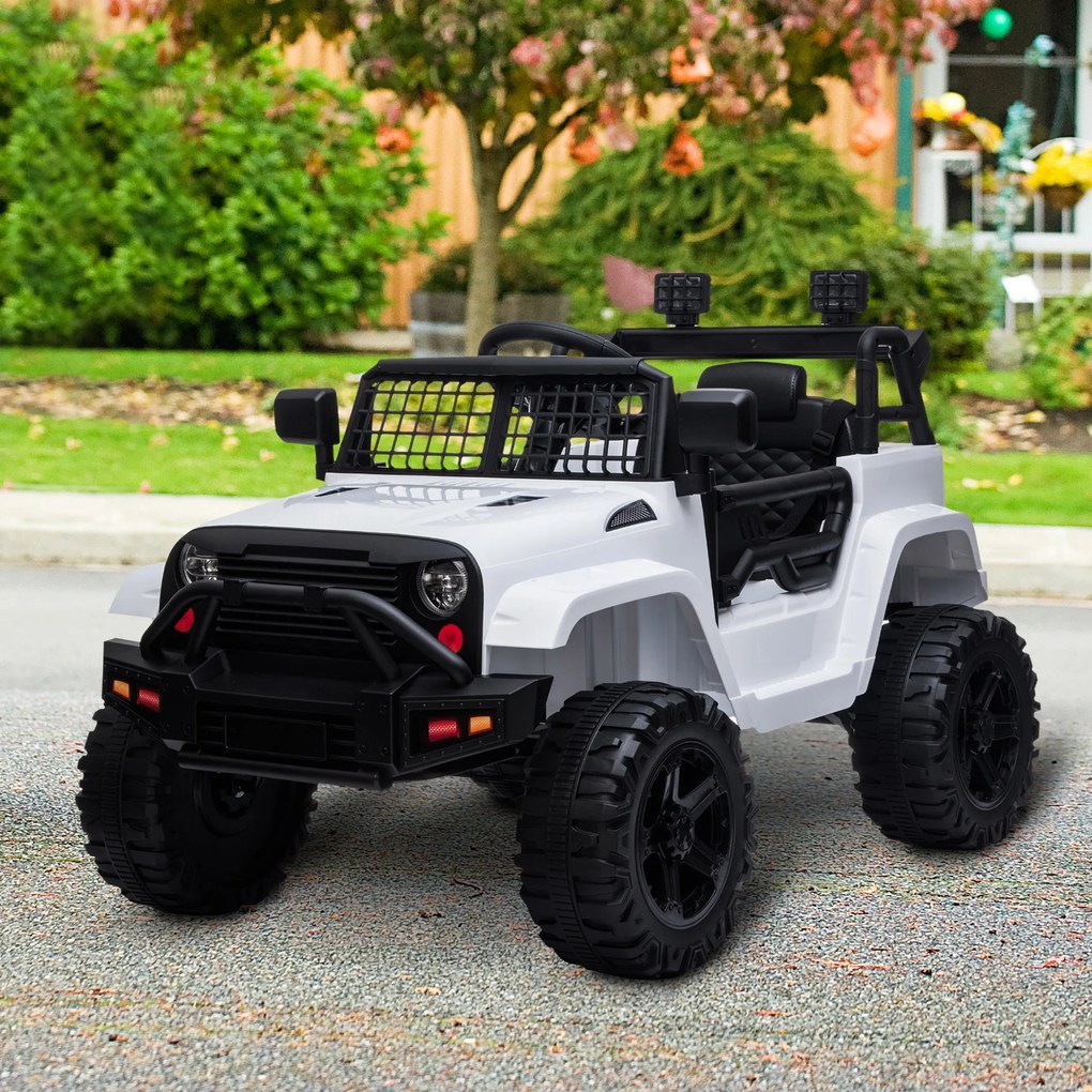 Carro Elétrico para Crianças acima de 3 anos Carro de Bateria 12V com 2 Motores Controle Remoto 2.4G Luzes Música MP3 e Rádio 99,2x66,6x66,6cm Branco