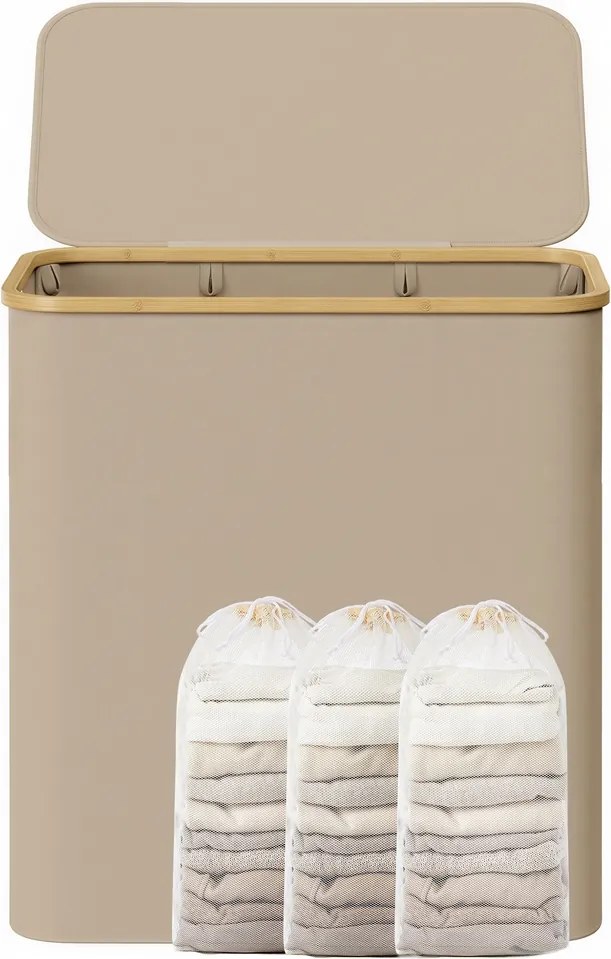 Cesto da roupa suja de 150 L com tampa e 3 compartimentos, 60 x 38,5 x 70,5 cm, castanho-camelo