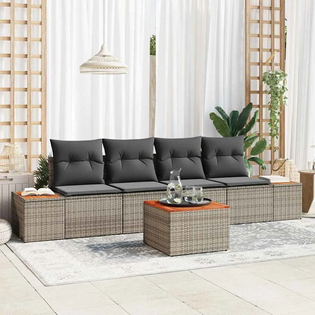 vidaXL Conjunto de Sofá de Jardim 5 Peças com Almofadas Cinzas em Rattan e Acácia