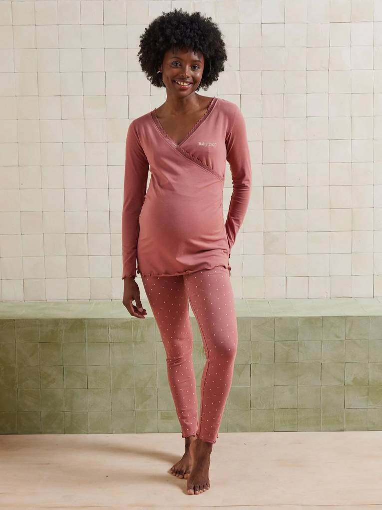 Conjunto de 2 peças pijama de gravidez e amamentação em algodão biológico rosa-velho
