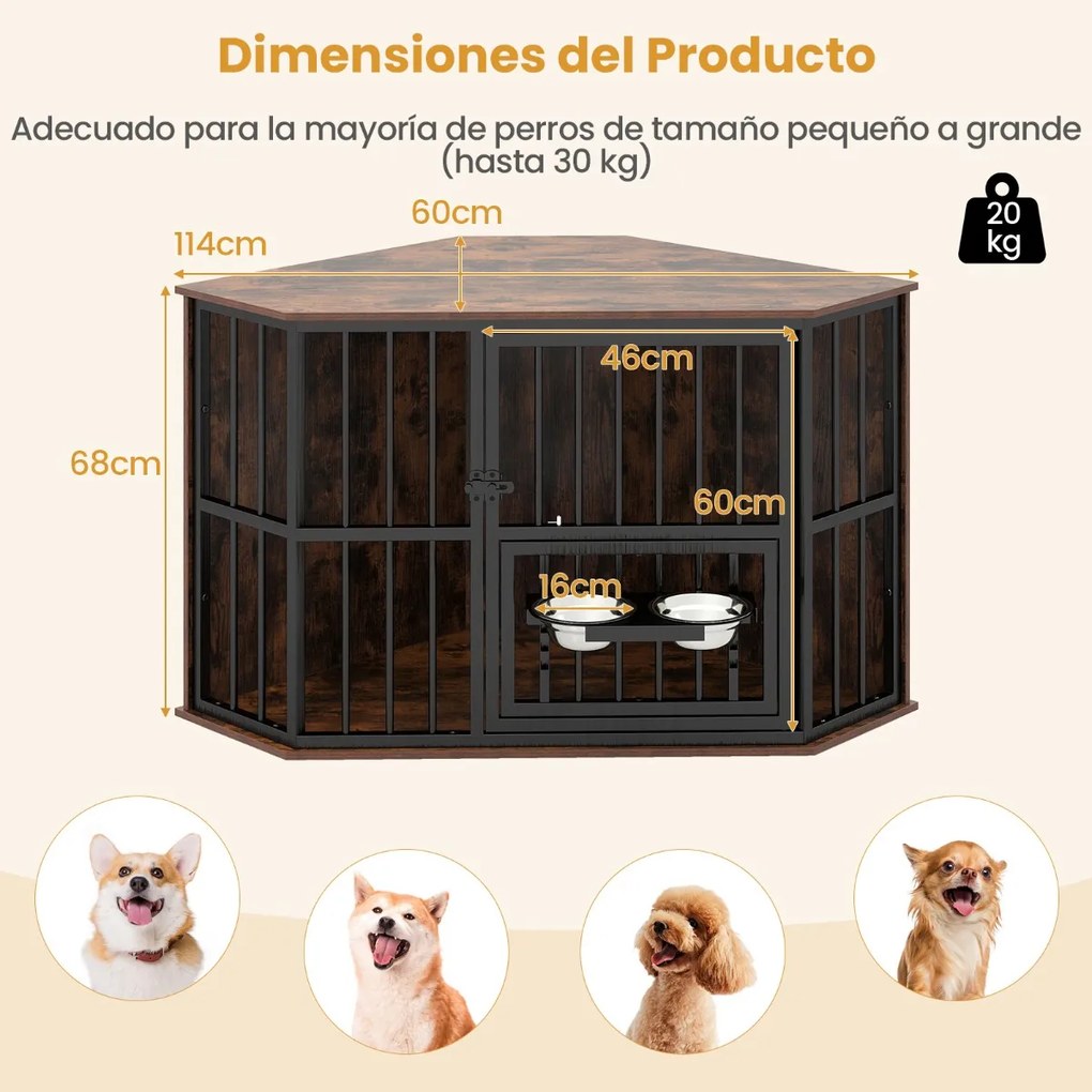 Gaiola de canto para cães 114 x 60 x 68 cm com comedouro ajustável, 2 tigelas de aço inoxidável, porta com fechadura e pés ajustáveis, castanho