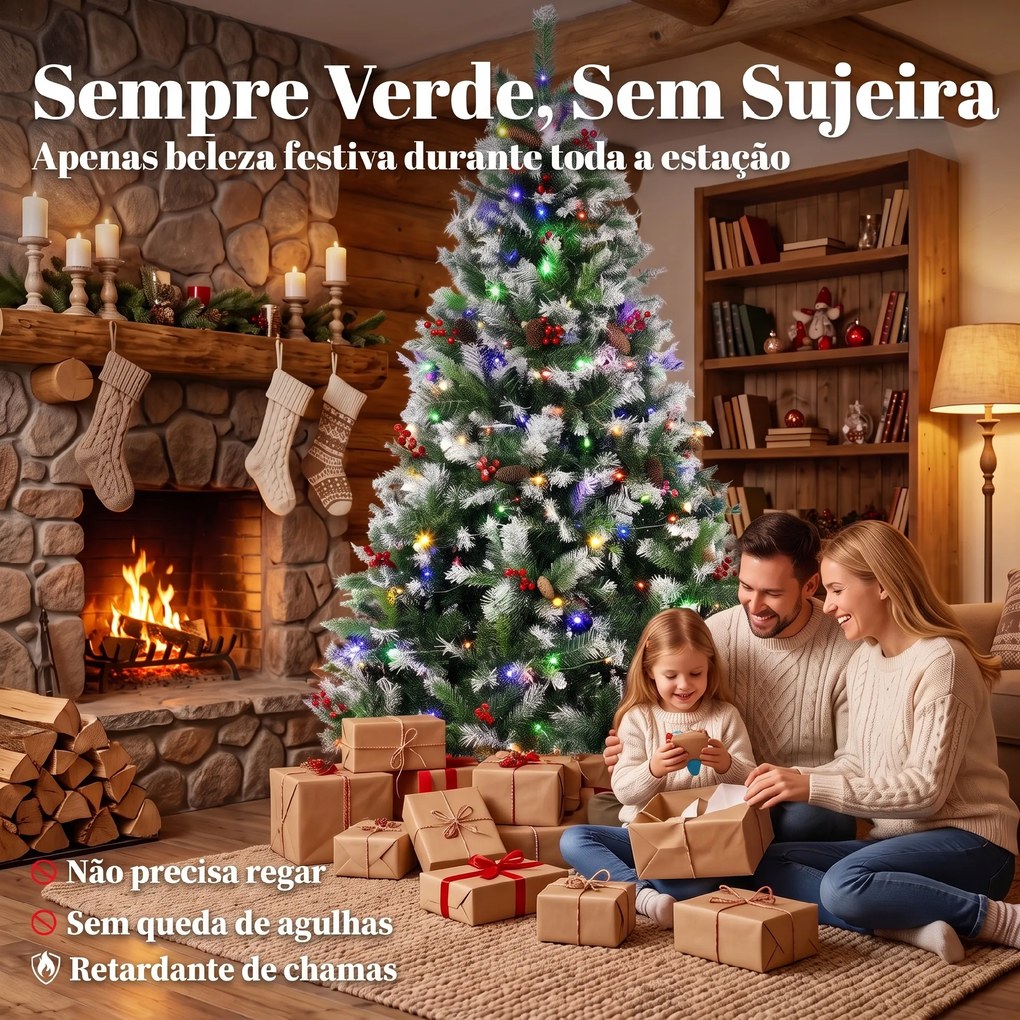Árvore de Natal Nevada 210 cm com 400 LED 11 Modos Comando à Distância 1253 Pontas 44 Pinhas e 44 Bagas